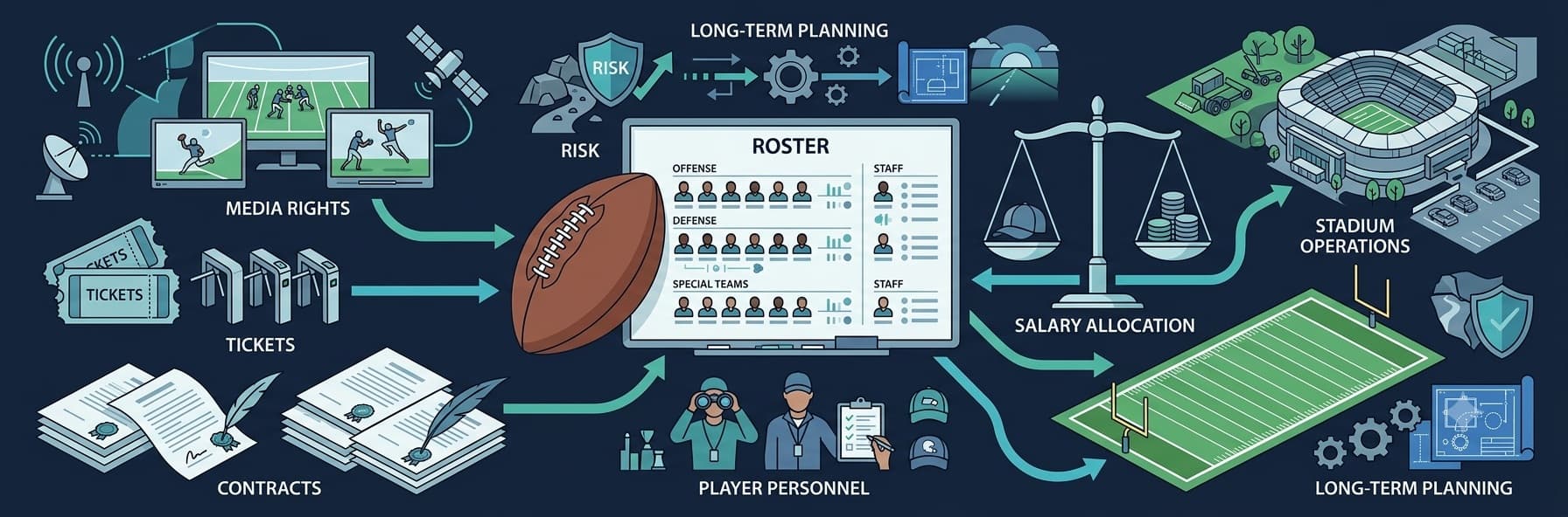 The economics of professional football, connecting media rights, contracts, roster planning, salary allocation, and stadium operations