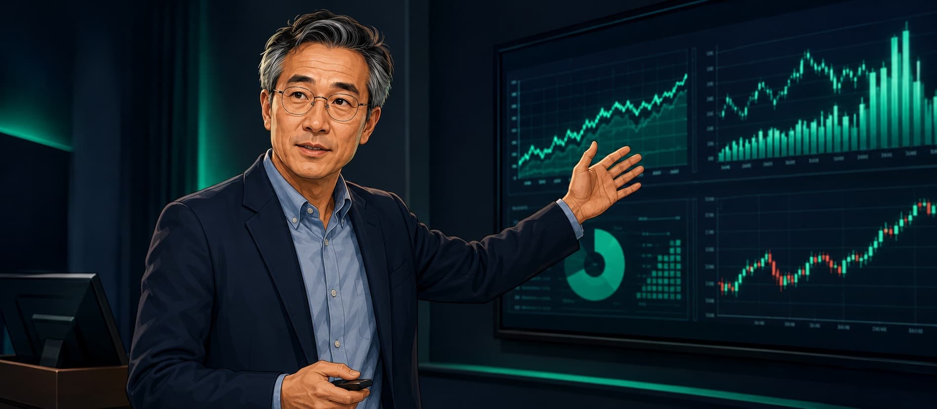 Prof. David Chen in front of a large screen showing market data