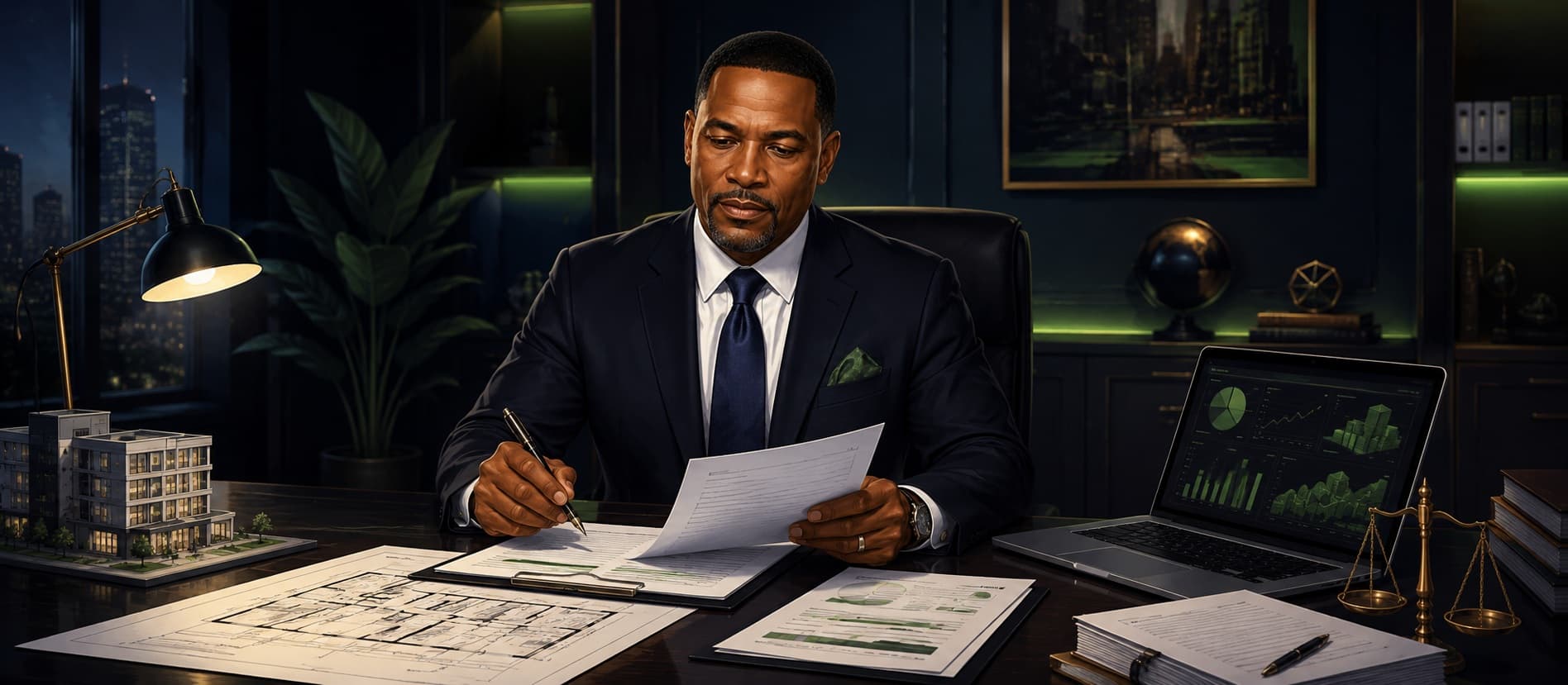 Marcus Johnson reviewing property documents at his desk