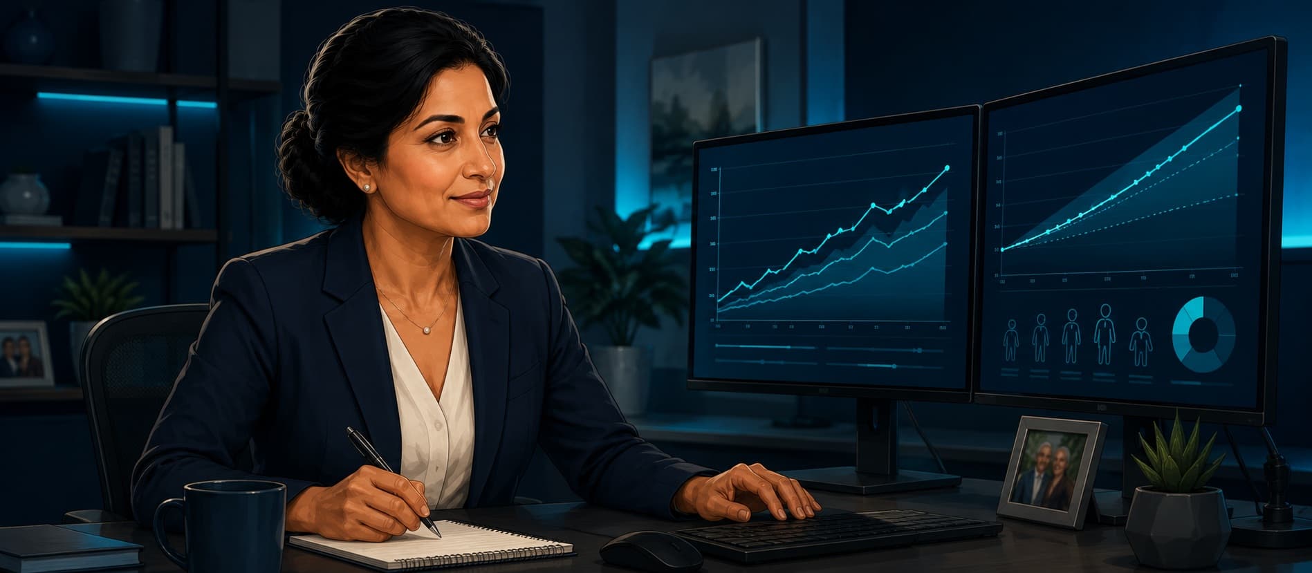 Dr. Priya Patel reviewing retirement projection charts